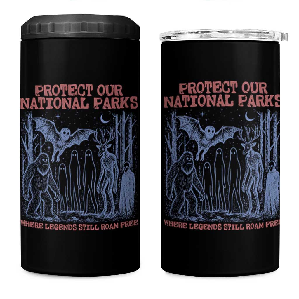 Protect Our National Parks Funny Cryptid Society Vintage Graphic 4 in 1 Can Cooler Tumbler Bigfoot Mothman Wendigo Where Legends Still Roam Free