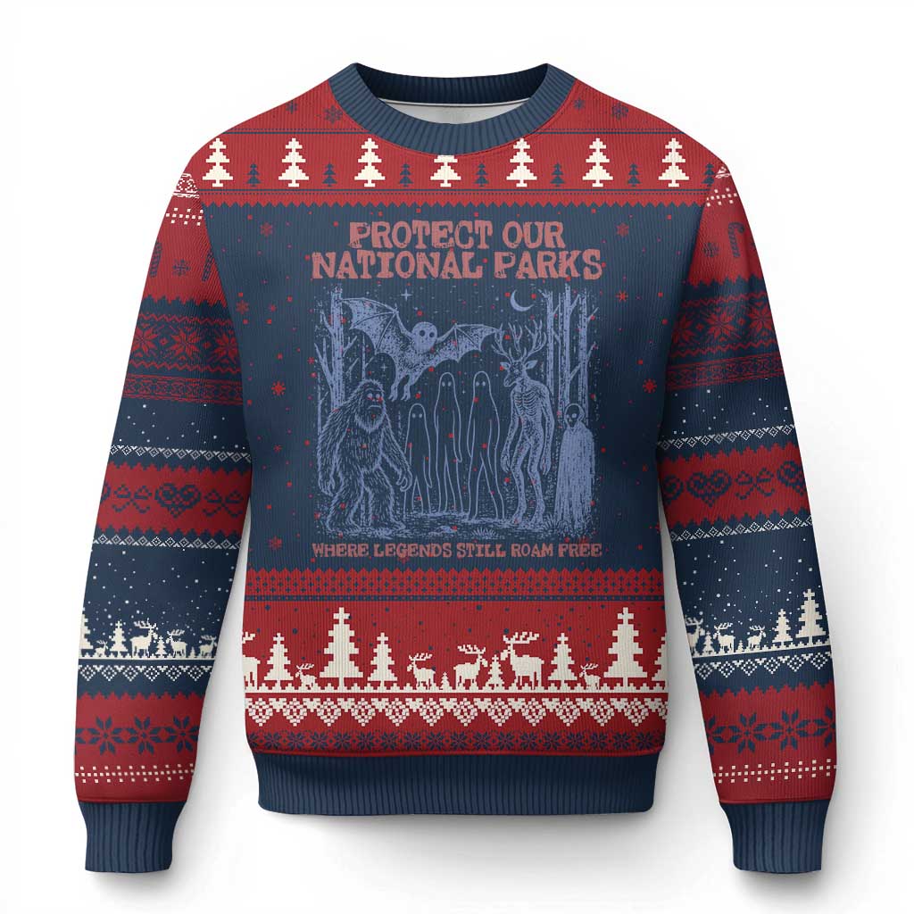Protect Our National Parks Funny Cryptid Society Vintage Graphic Ugly Christmas Sweater Bigfoot Mothman Wendigo Where Legends Still Roam Free