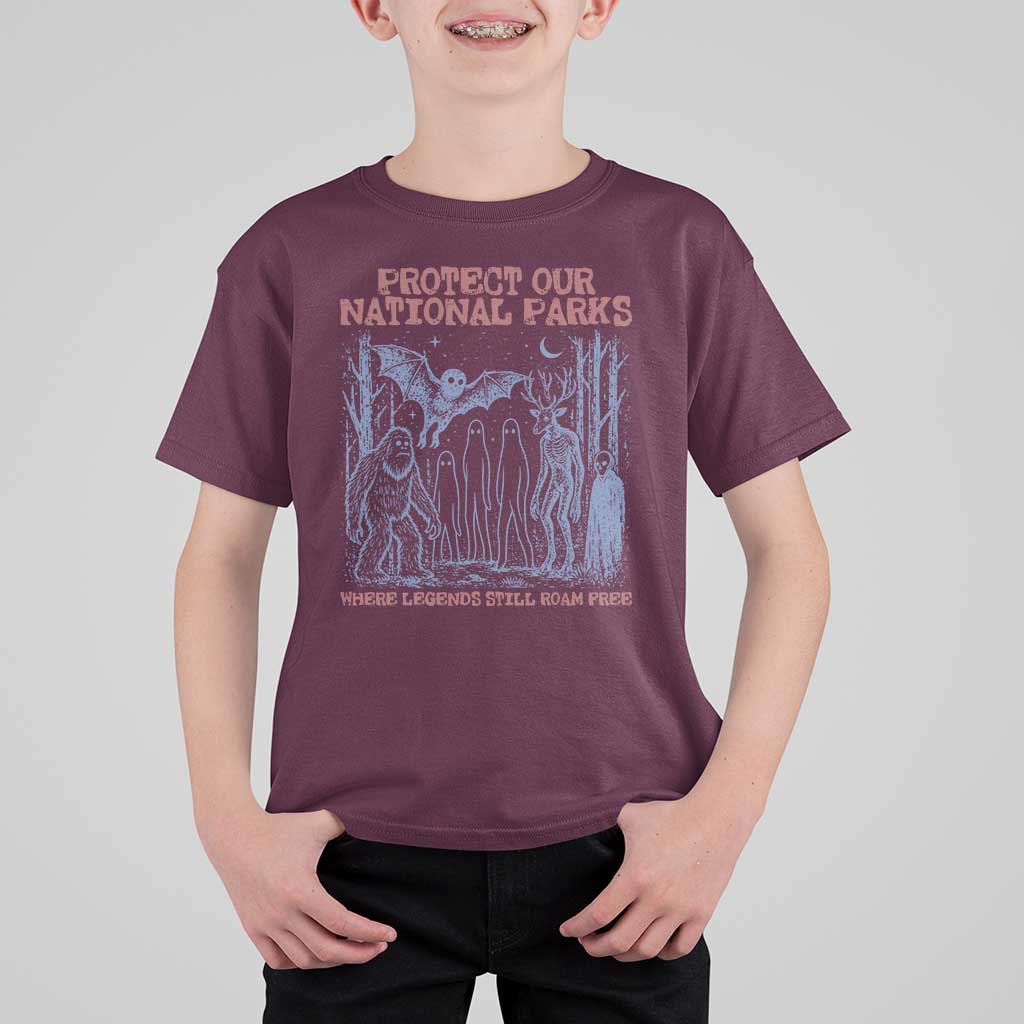 Protect Our National Parks Funny Cryptid Society Vintage Graphic T Shirt For Kid Bigfoot Mothman Wendigo Where Legends Still Roam Free