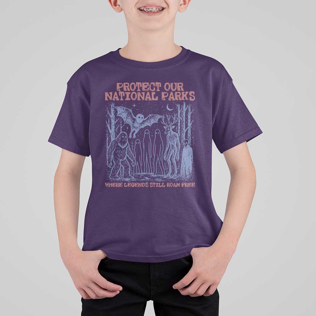 Protect Our National Parks Funny Cryptid Society Vintage Graphic T Shirt For Kid Bigfoot Mothman Wendigo Where Legends Still Roam Free