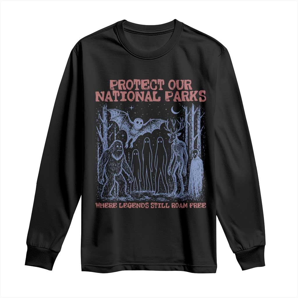Protect Our National Parks Funny Cryptid Society Vintage Graphic Long Sleeve Shirt Bigfoot Mothman Wendigo Where Legends Still Roam Free