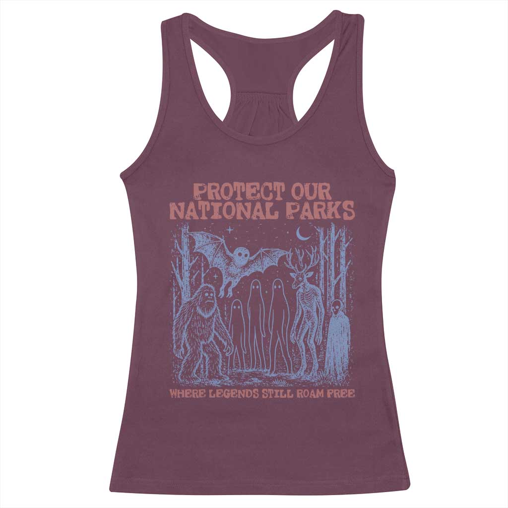 Protect Our National Parks Funny Cryptid Society Vintage Graphic Racerback Tank Top Bigfoot Mothman Wendigo Where Legends Still Roam Free