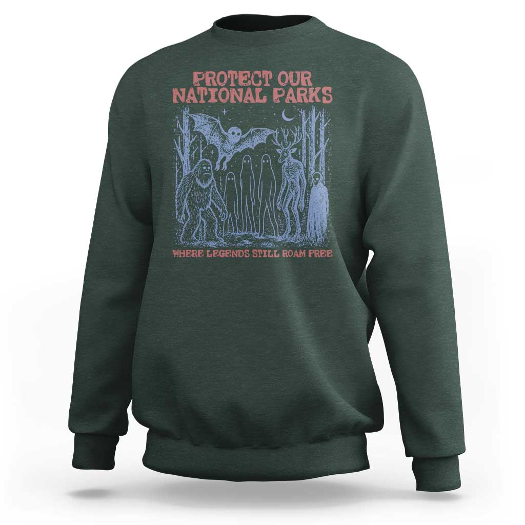 Protect Our National Parks Funny Cryptid Society Vintage Graphic Sweatshirt Bigfoot Mothman Wendigo Where Legends Still Roam Free