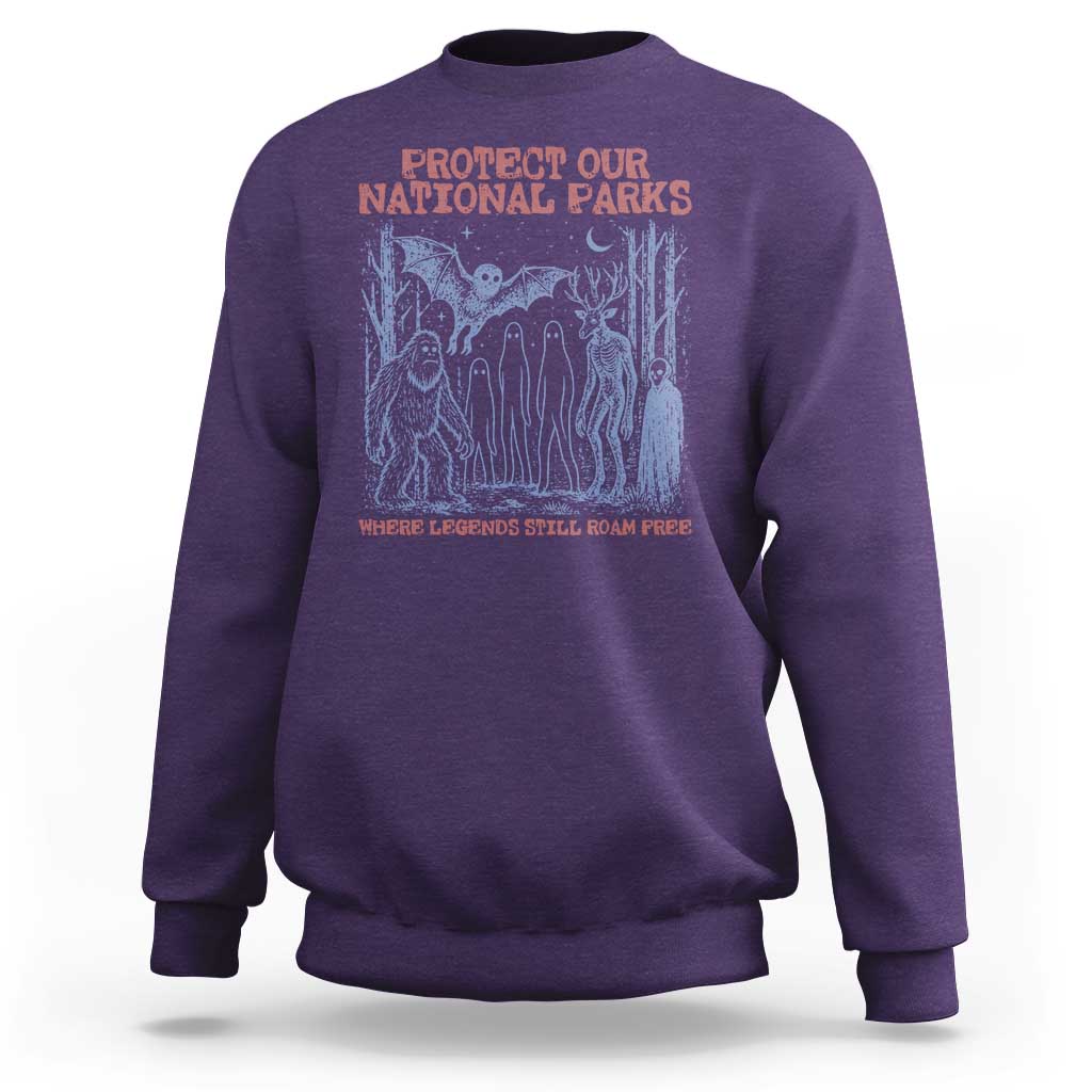 Protect Our National Parks Funny Cryptid Society Vintage Graphic Sweatshirt Bigfoot Mothman Wendigo Where Legends Still Roam Free