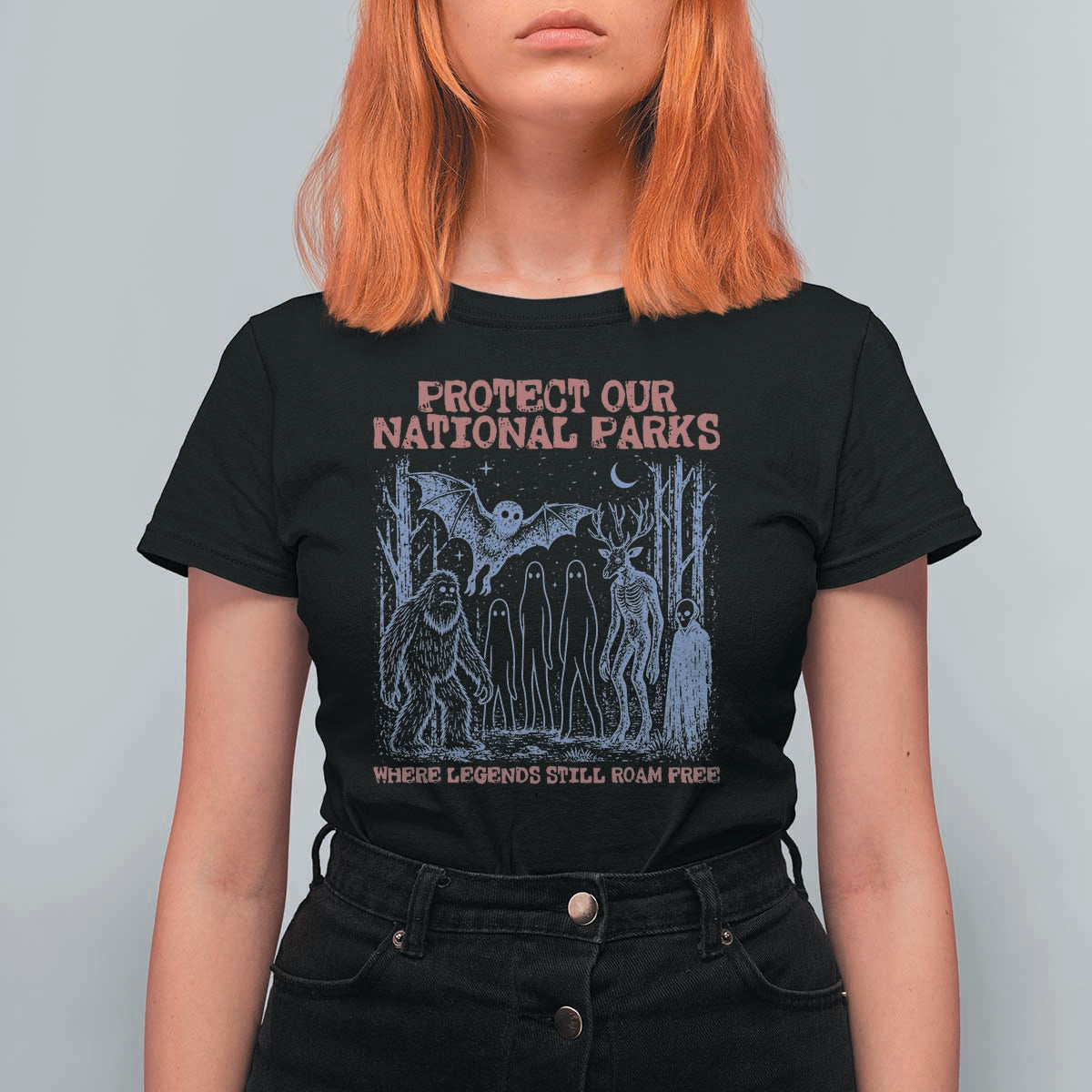 Protect Our National Parks Funny Cryptid Society Vintage Graphic T Shirt For Women Bigfoot Mothman Wendigo Where Legends Still Roam Free