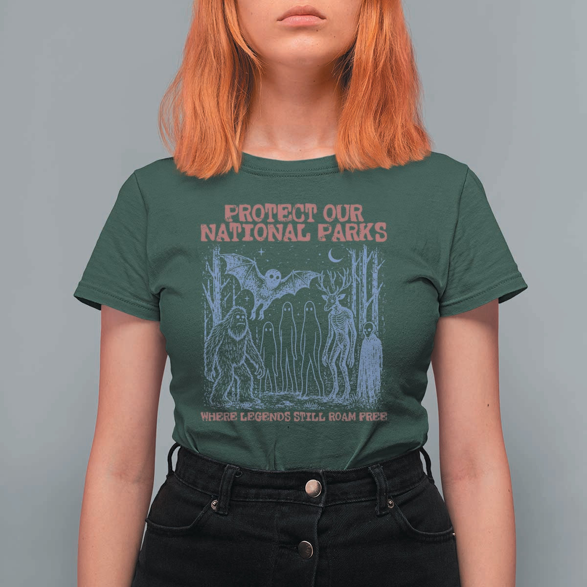Protect Our National Parks Funny Cryptid Society Vintage Graphic T Shirt For Women Bigfoot Mothman Wendigo Where Legends Still Roam Free
