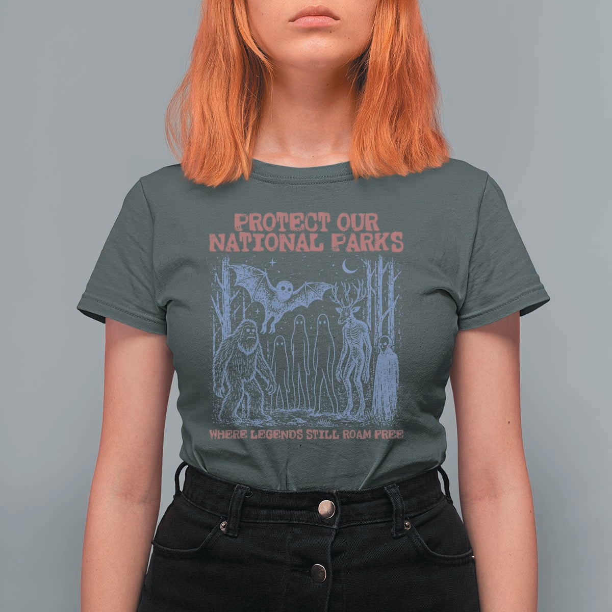 Protect Our National Parks Funny Cryptid Society Vintage Graphic T Shirt For Women Bigfoot Mothman Wendigo Where Legends Still Roam Free