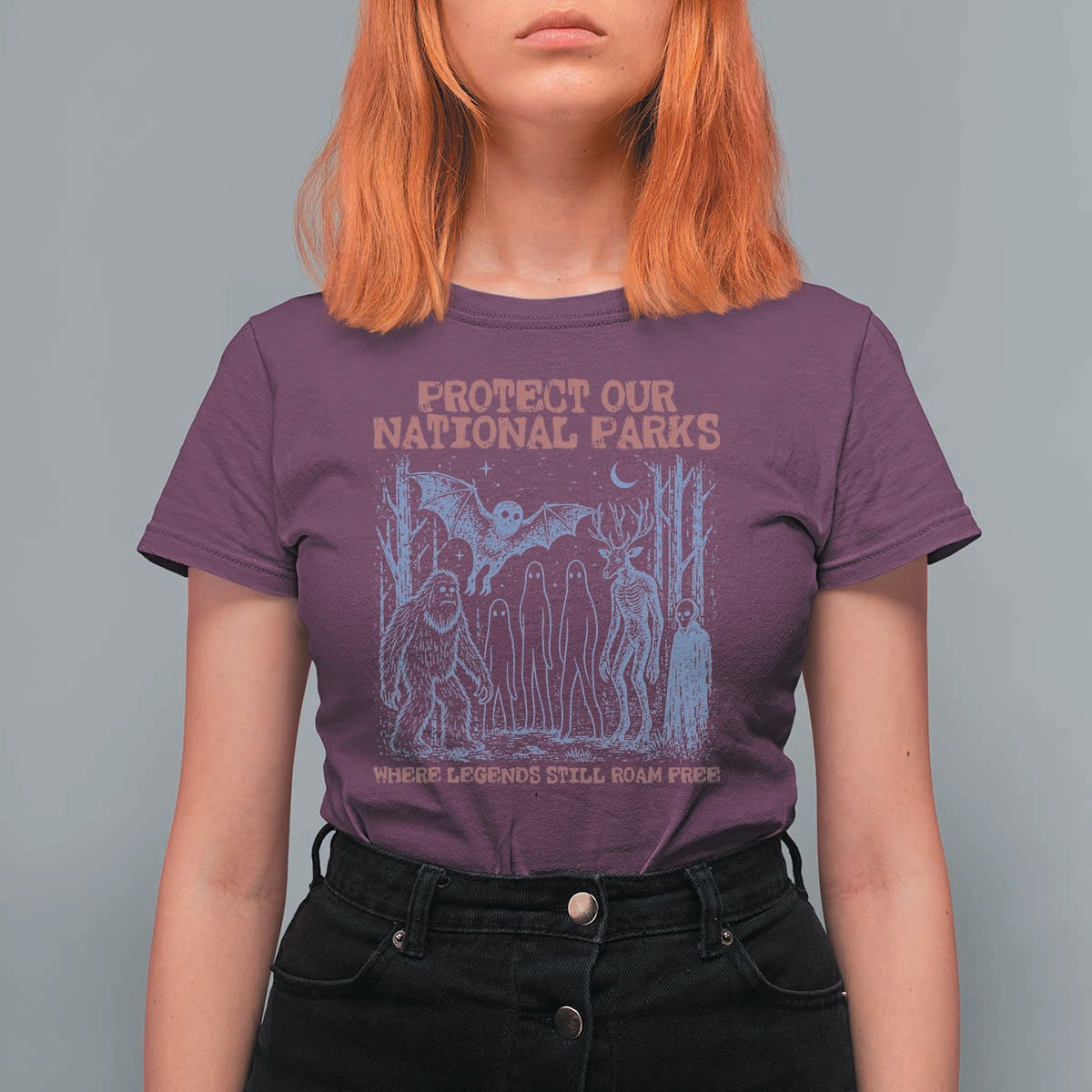 Protect Our National Parks Funny Cryptid Society Vintage Graphic T Shirt For Women Bigfoot Mothman Wendigo Where Legends Still Roam Free