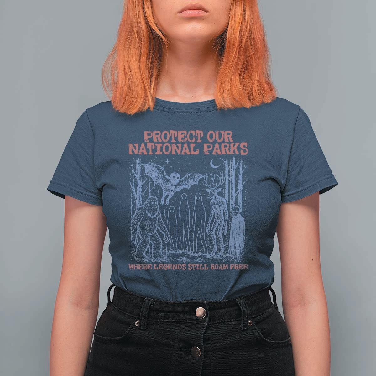 Protect Our National Parks Funny Cryptid Society Vintage Graphic T Shirt For Women Bigfoot Mothman Wendigo Where Legends Still Roam Free