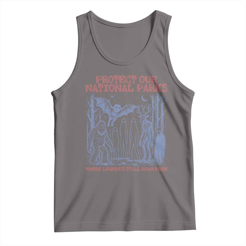 Protect Our National Parks Funny Cryptid Society Vintage Graphic Tank Top Bigfoot Mothman Wendigo Where Legends Still Roam Free
