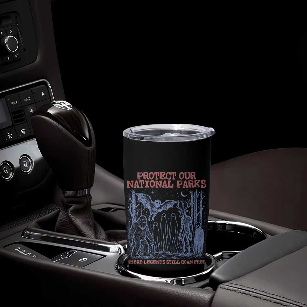 Protect Our National Parks Funny Cryptid Society Vintage Graphic Tumbler Cup Bigfoot Mothman Wendigo Where Legends Still Roam Free