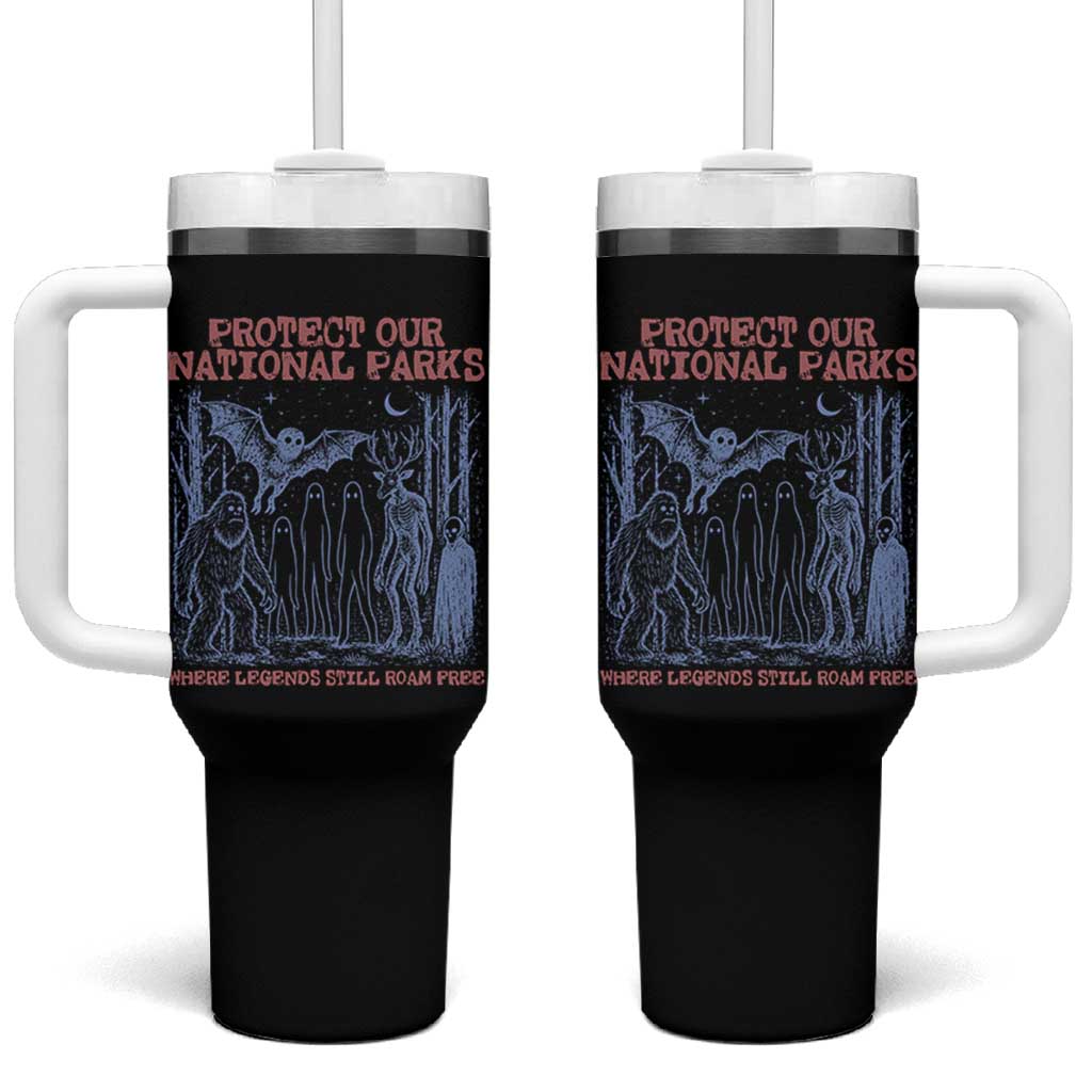 Protect Our National Parks Funny Cryptid Society Vintage Graphic Tumbler With Handle Bigfoot Mothman Wendigo Where Legends Still Roam Free