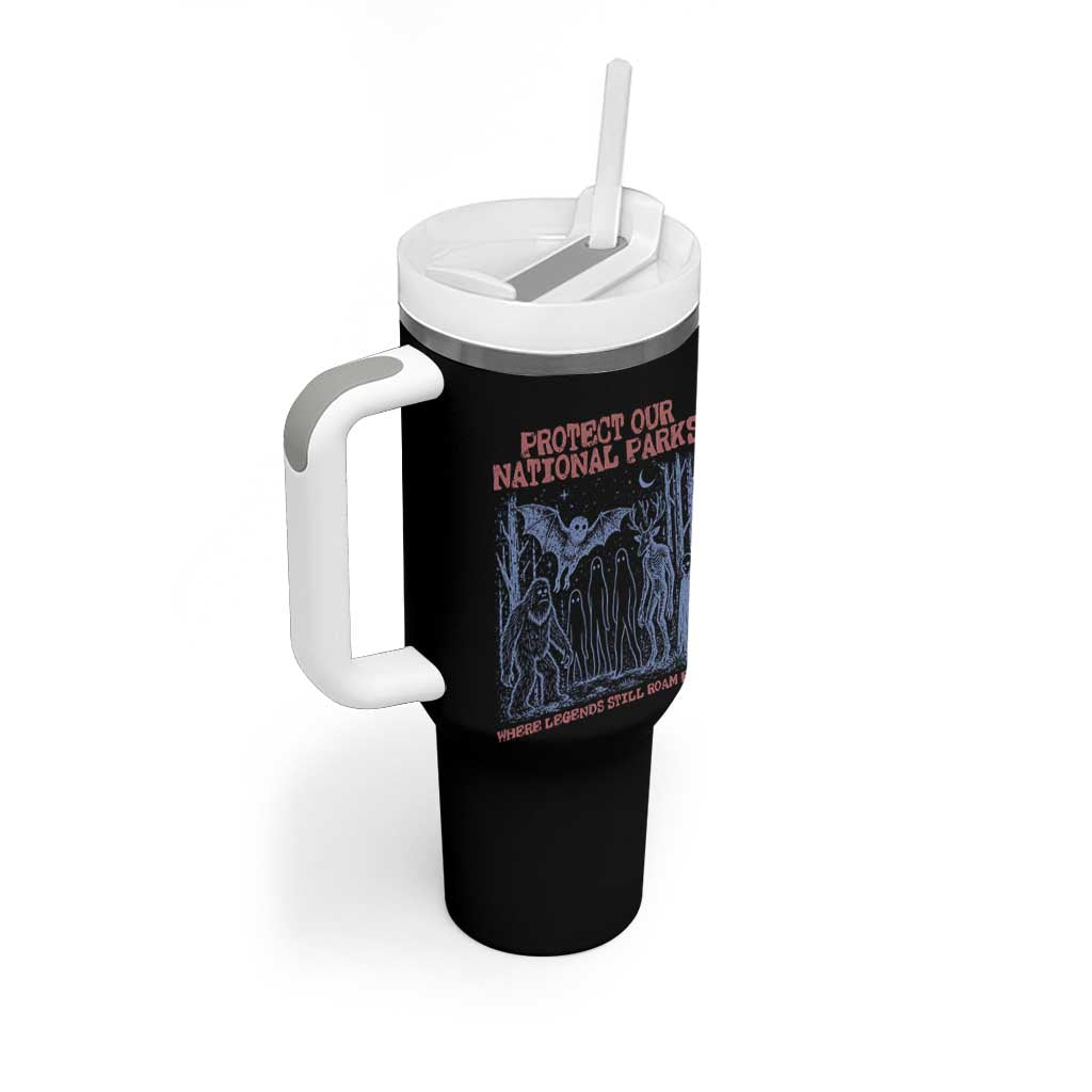 Protect Our National Parks Funny Cryptid Society Vintage Graphic Tumbler With Handle Bigfoot Mothman Wendigo Where Legends Still Roam Free