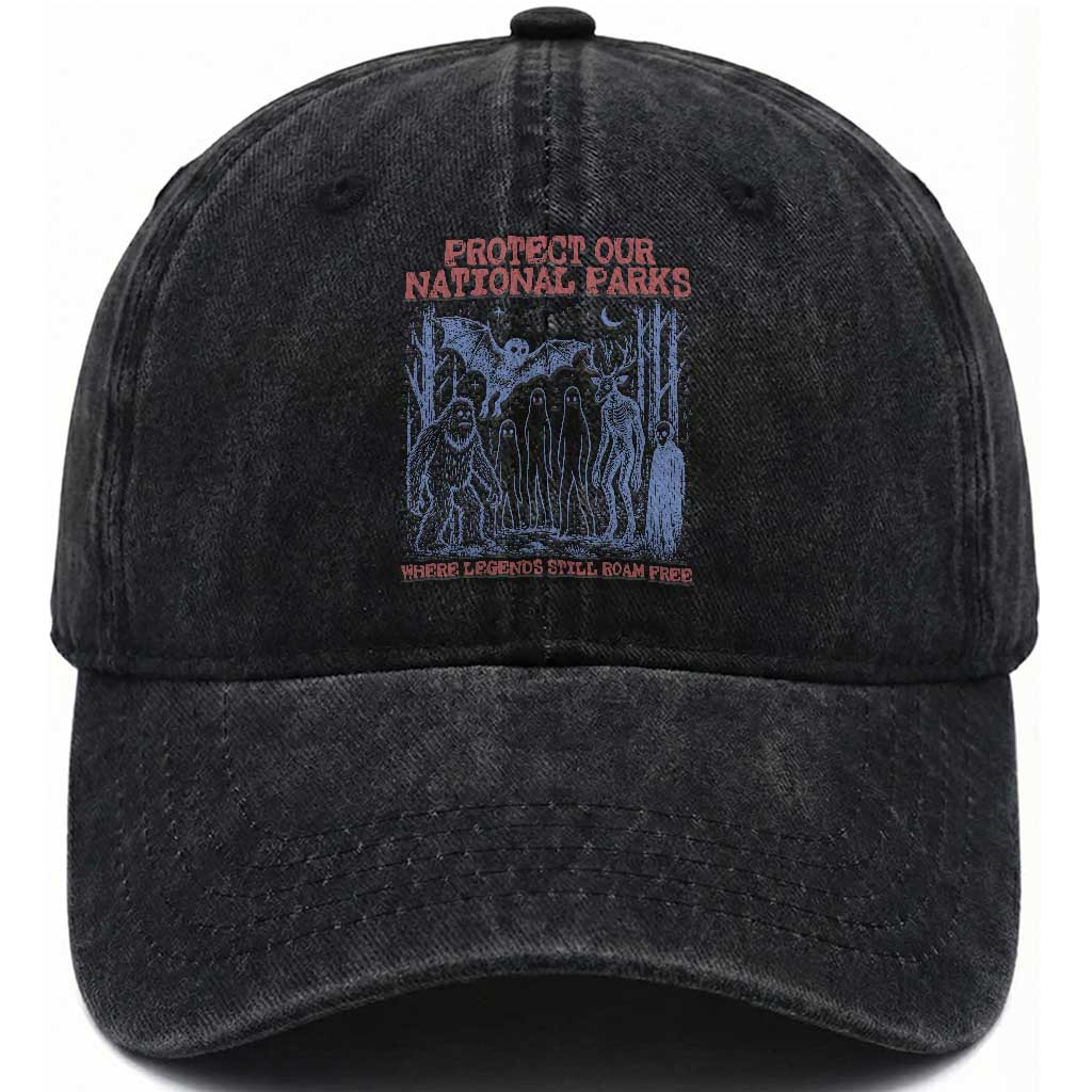 Protect Our National Parks Funny Cryptid Society Vintage Graphic Washed Cotton Baseball Cap Bigfoot Mothman Wendigo Where Legends Still Roam Free