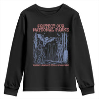 Protect Our National Parks Funny Cryptid Society Vintage Graphic Youth Sweatshirt Bigfoot Mothman Wendigo Where Legends Still Roam Free