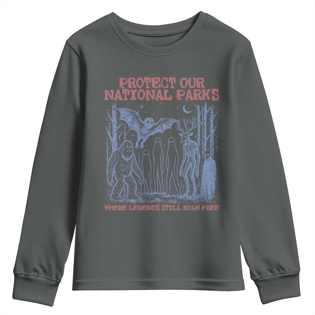 Protect Our National Parks Funny Cryptid Society Vintage Graphic Youth Sweatshirt Bigfoot Mothman Wendigo Where Legends Still Roam Free