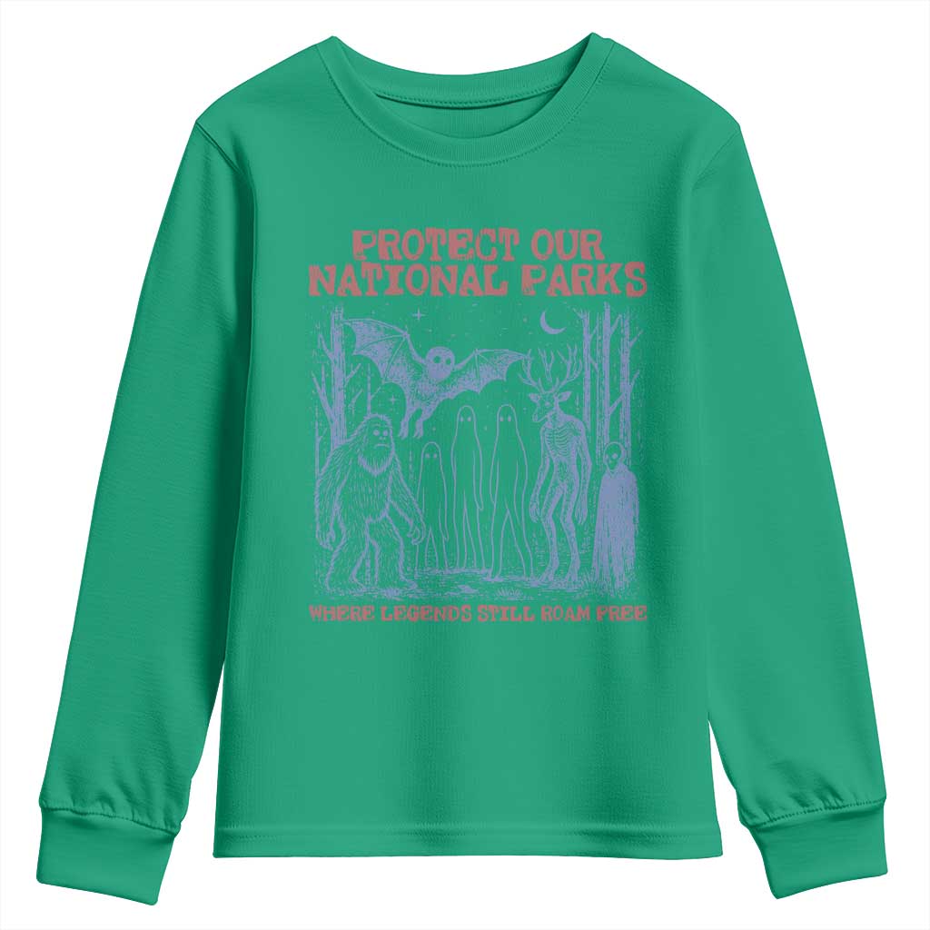 Protect Our National Parks Funny Cryptid Society Vintage Graphic Youth Sweatshirt Bigfoot Mothman Wendigo Where Legends Still Roam Free