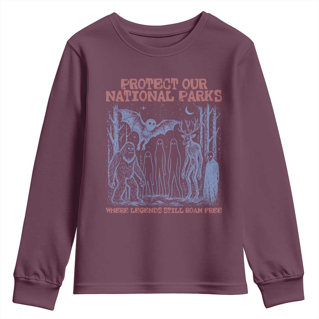 Protect Our National Parks Funny Cryptid Society Vintage Graphic Youth Sweatshirt Bigfoot Mothman Wendigo Where Legends Still Roam Free
