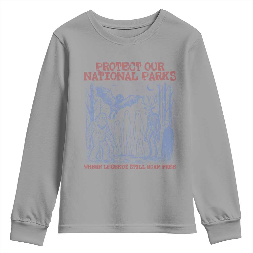 Protect Our National Parks Funny Cryptid Society Vintage Graphic Youth Sweatshirt Bigfoot Mothman Wendigo Where Legends Still Roam Free