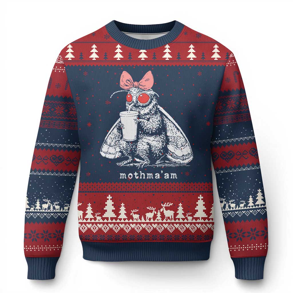 Mothma'am Pink Bow Cryptid Spooky Ugly Christmas Sweater Funny Cute Coquette Mothman Legend Graphic