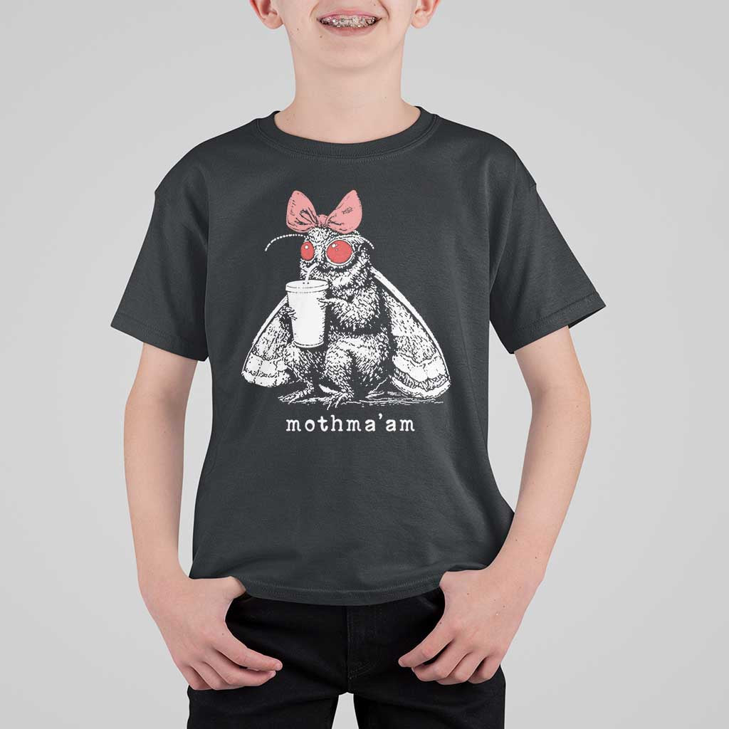 Mothma'am Pink Bow Cryptid Spooky T Shirt For Kid Funny Cute Coquette Mothman Legend Graphic