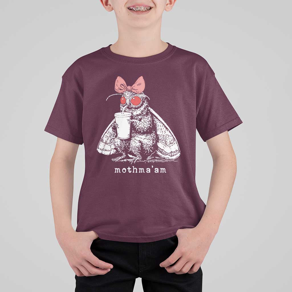Mothma'am Pink Bow Cryptid Spooky T Shirt For Kid Funny Cute Coquette Mothman Legend Graphic