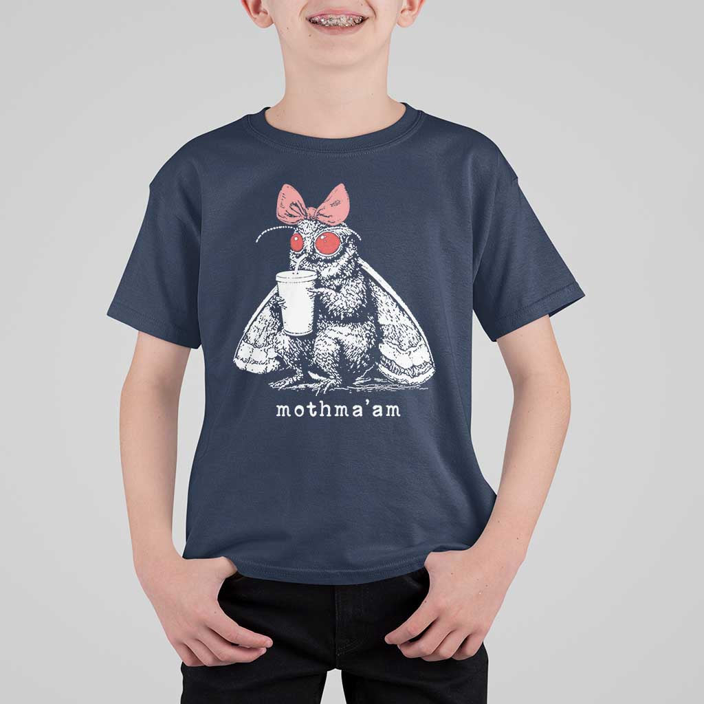Mothma'am Pink Bow Cryptid Spooky T Shirt For Kid Funny Cute Coquette Mothman Legend Graphic