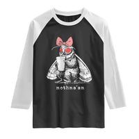 Mothma'am Pink Bow Cryptid Spooky Raglan Shirt Funny Cute Coquette Mothman Legend Graphic