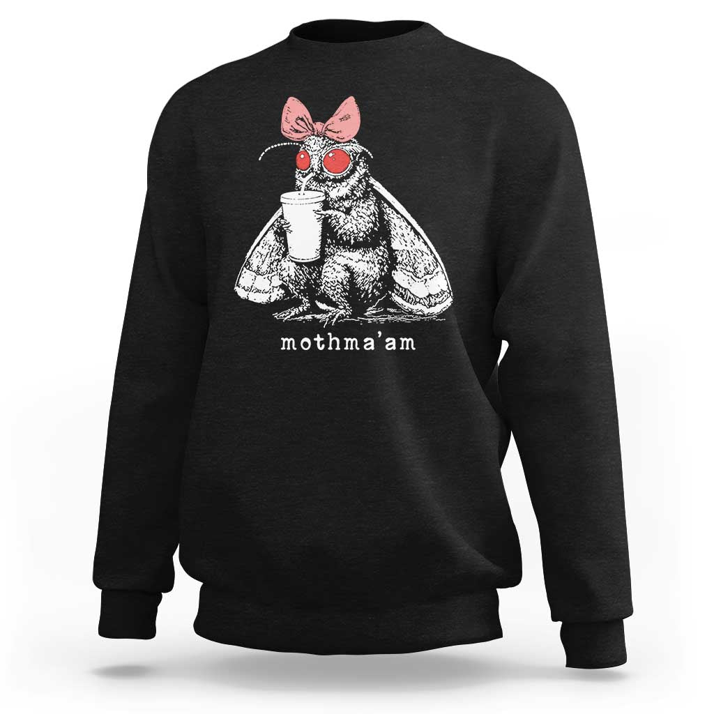 Mothma'am Pink Bow Cryptid Spooky Sweatshirt Funny Cute Coquette Mothman Legend Graphic