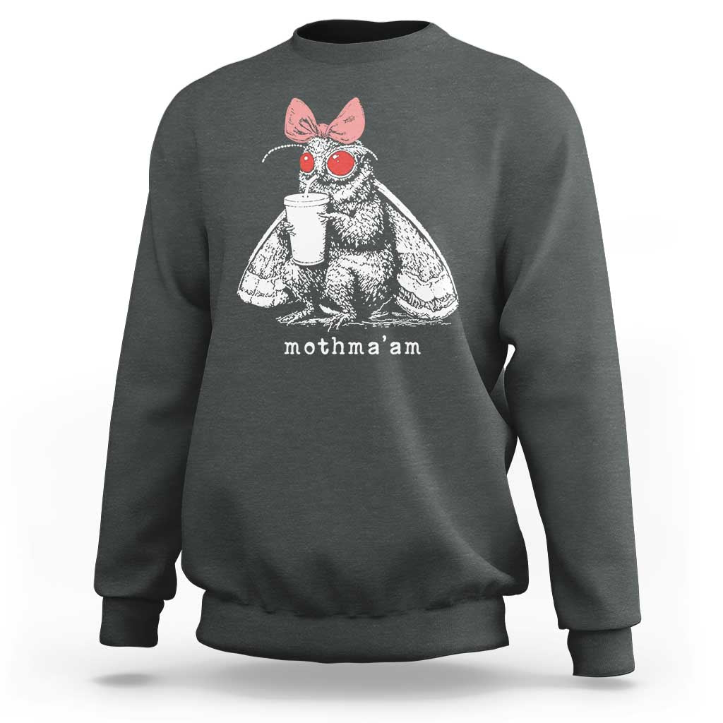 Mothma'am Pink Bow Cryptid Spooky Sweatshirt Funny Cute Coquette Mothman Legend Graphic
