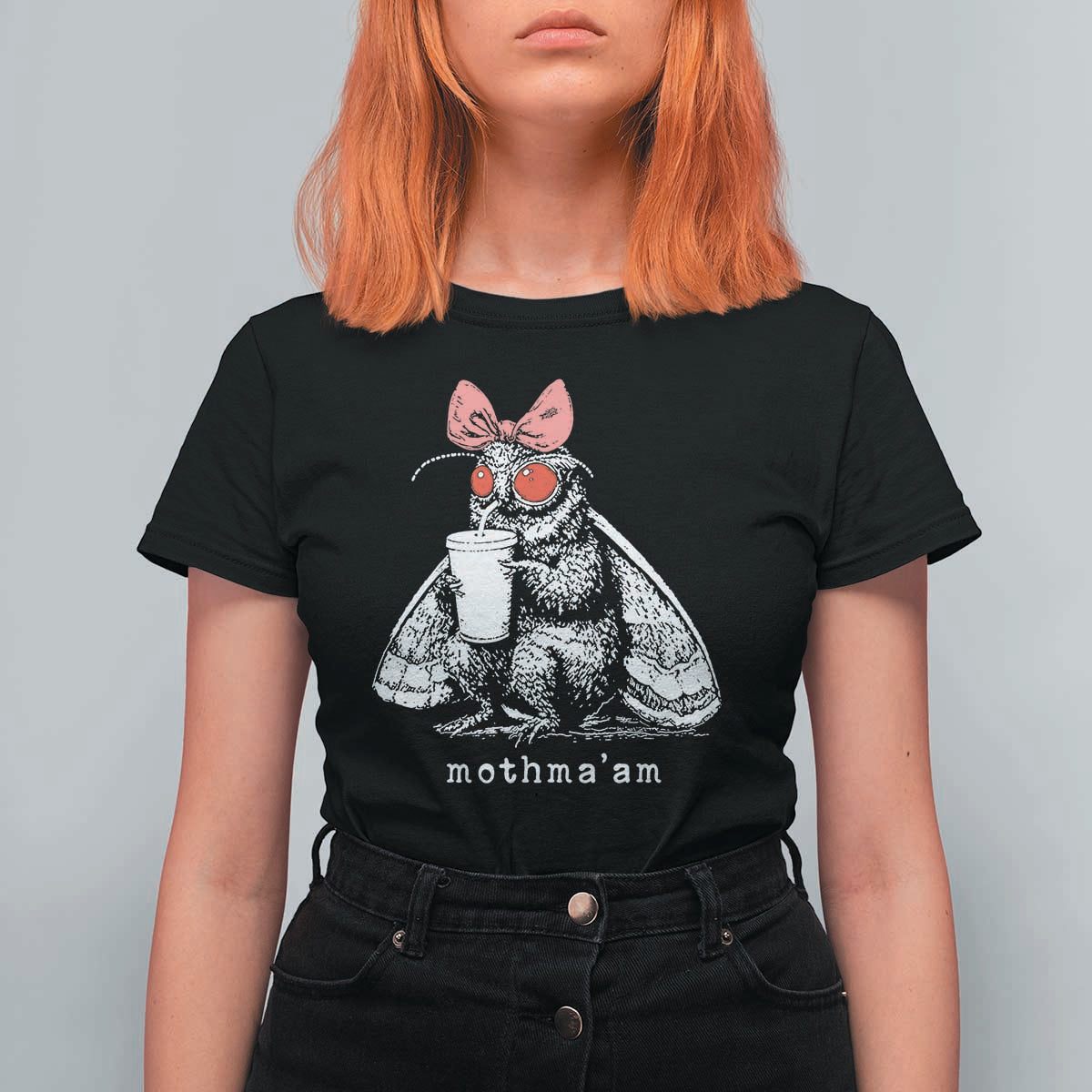 Mothma'am Pink Bow Cryptid Spooky T Shirt For Women Funny Cute Coquette Mothman Legend Graphic