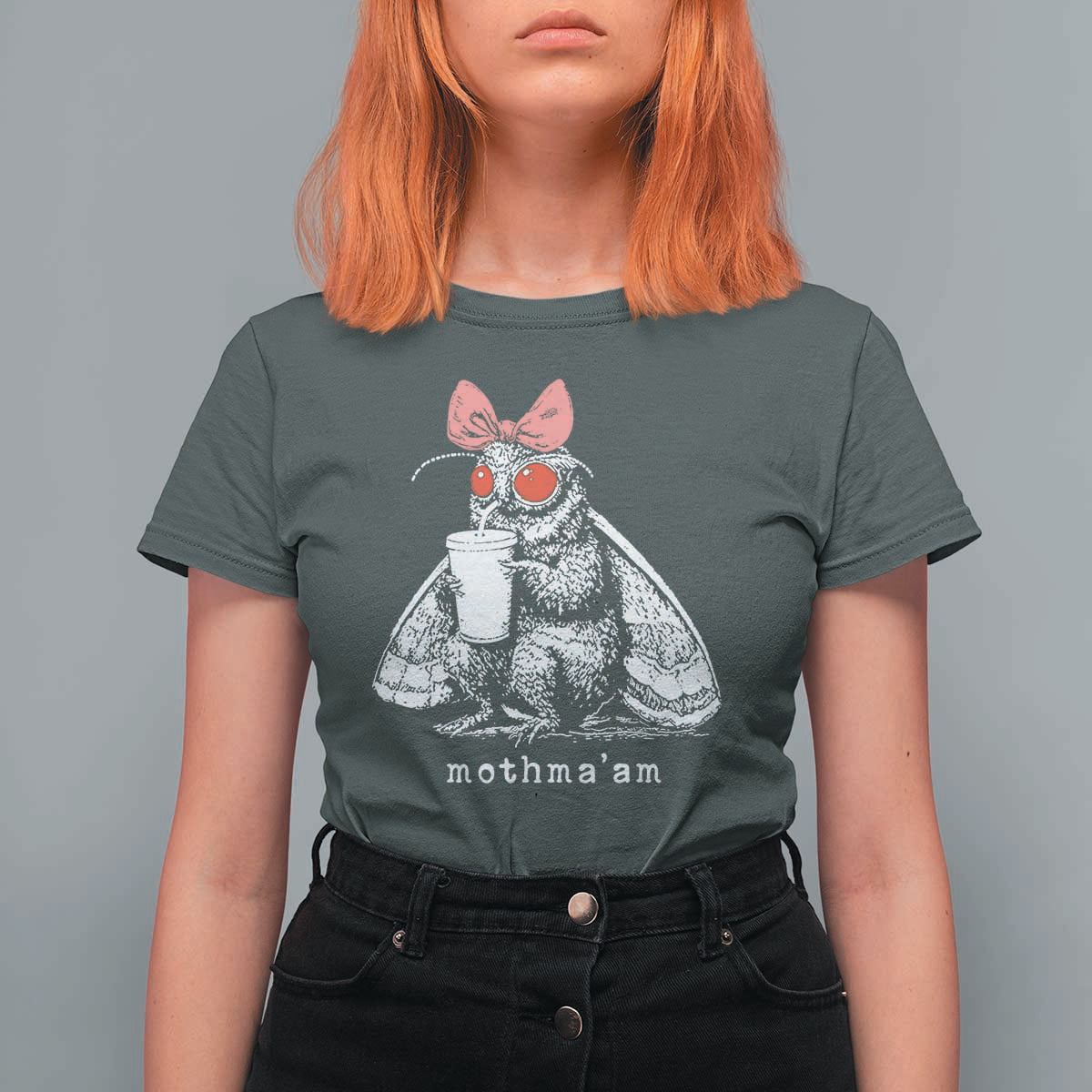Mothma'am Pink Bow Cryptid Spooky T Shirt For Women Funny Cute Coquette Mothman Legend Graphic