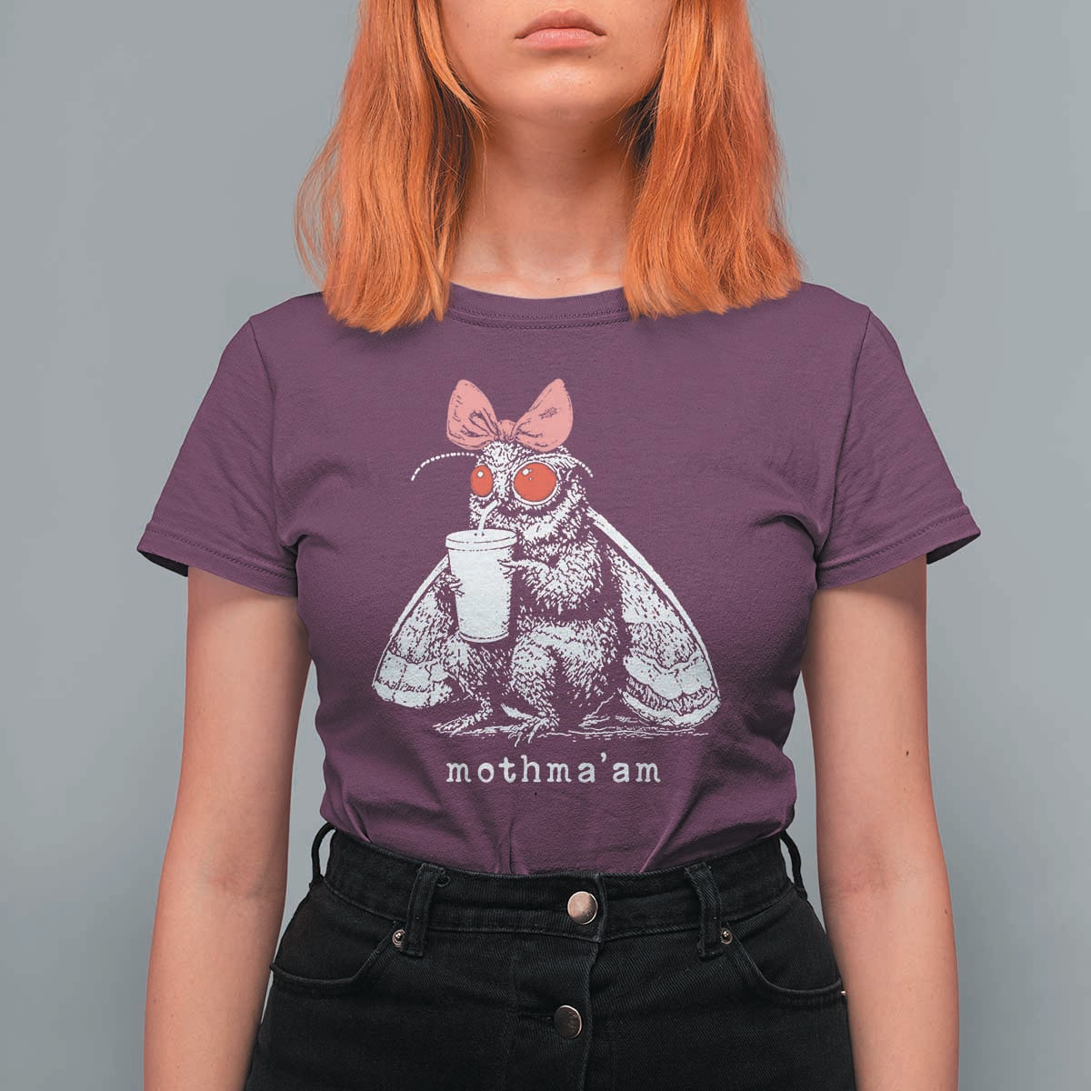 Mothma'am Pink Bow Cryptid Spooky T Shirt For Women Funny Cute Coquette Mothman Legend Graphic