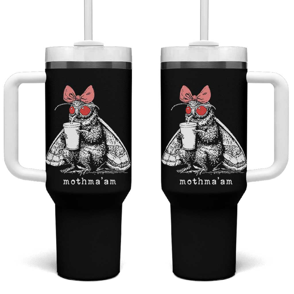 Mothma'am Pink Bow Cryptid Spooky Tumbler With Handle Funny Cute Coquette Mothman Legend Graphic