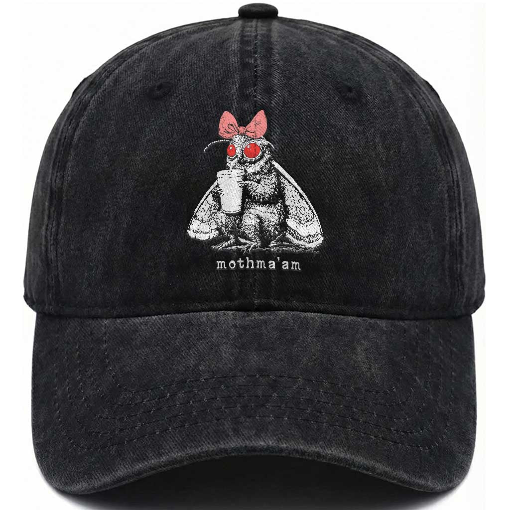 Mothma'am Pink Bow Cryptid Spooky Washed Cotton Baseball Cap Funny Cute Coquette Mothman Legend Graphic