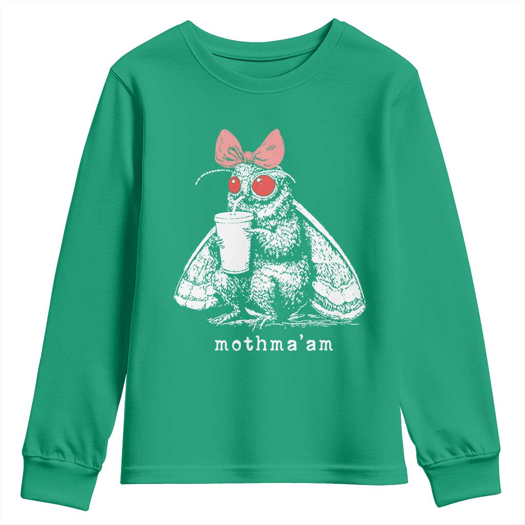 Mothma'am Pink Bow Cryptid Spooky Youth Sweatshirt Funny Cute Coquette Mothman Legend Graphic