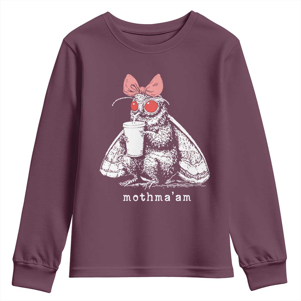 Mothma'am Pink Bow Cryptid Spooky Youth Sweatshirt Funny Cute Coquette Mothman Legend Graphic