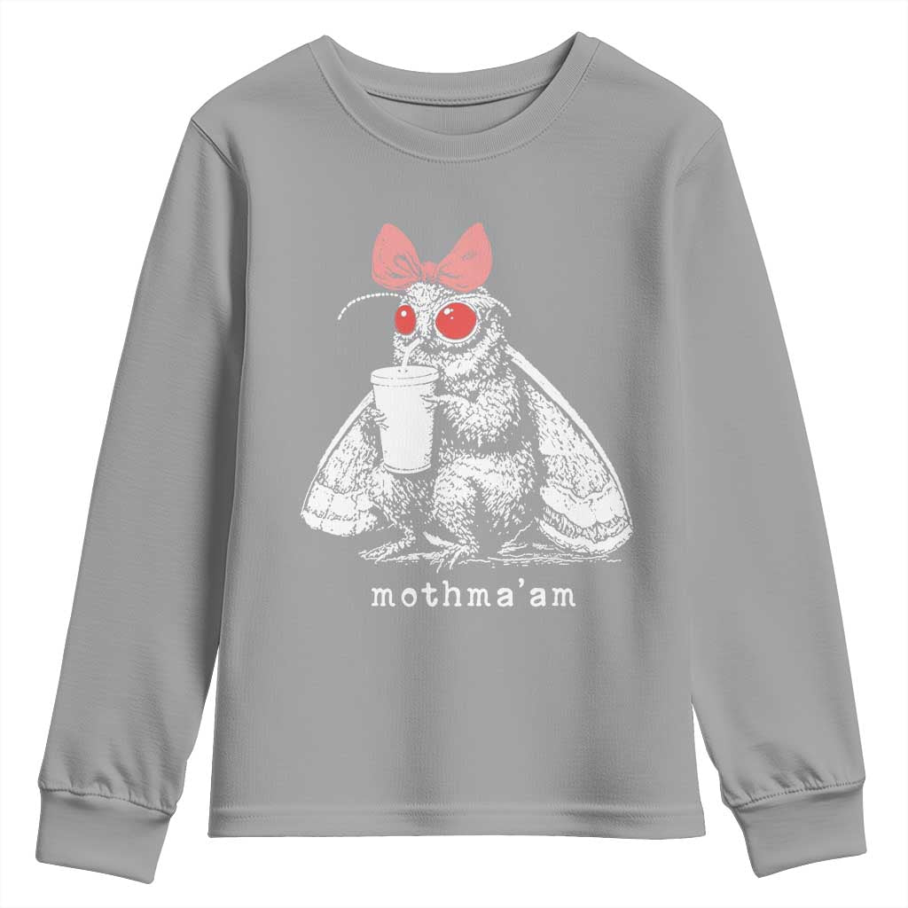 Mothma'am Pink Bow Cryptid Spooky Youth Sweatshirt Funny Cute Coquette Mothman Legend Graphic