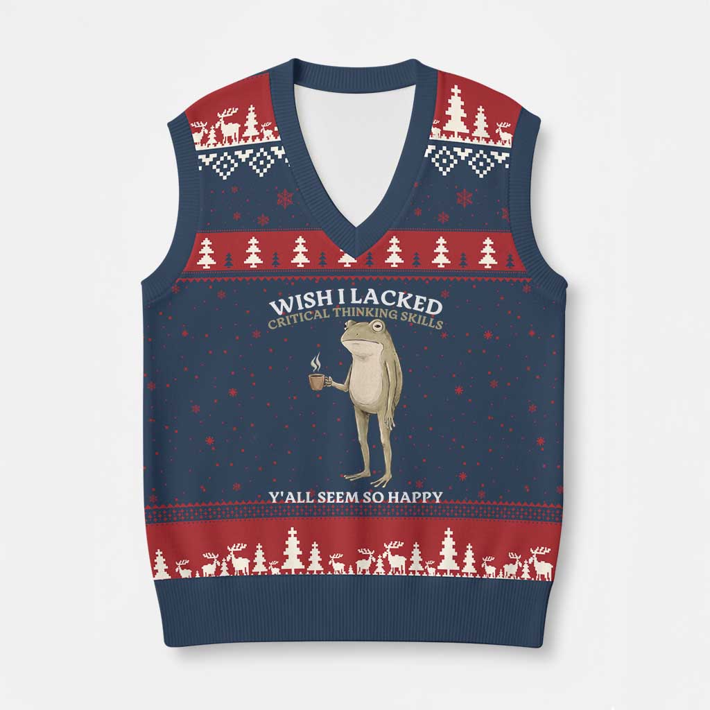 Funny Sarcastic Frog Drinking Coffee Meme V-Neck Knit Sweater Vest Wish I Lacked Critical Thinking Skills Y'all Seem So Happy Retro Vintage