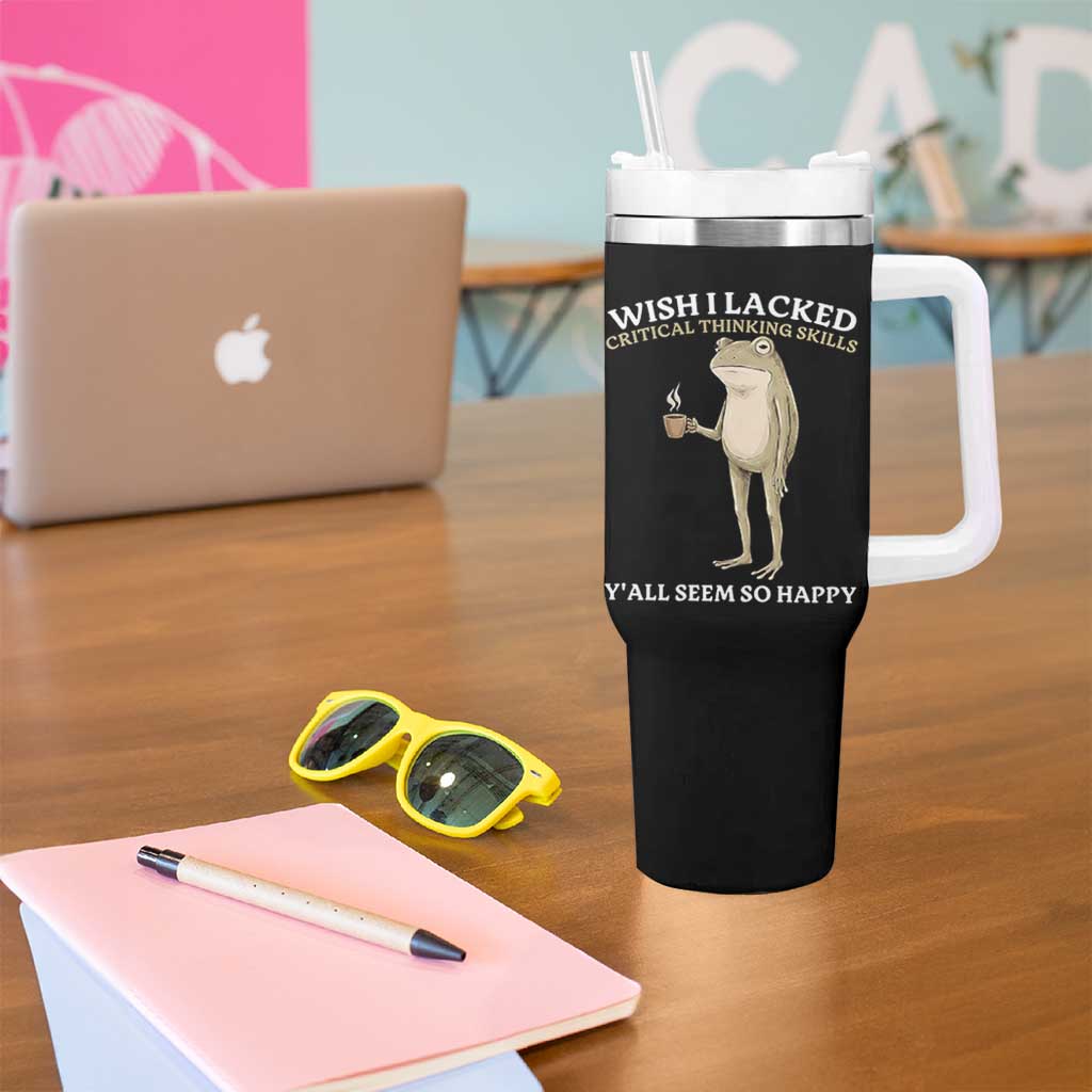 Funny Sarcastic Frog Drinking Coffee Meme Tumbler With Handle Wish I Lacked Critical Thinking Skills Y'all Seem So Happy Retro Vintage