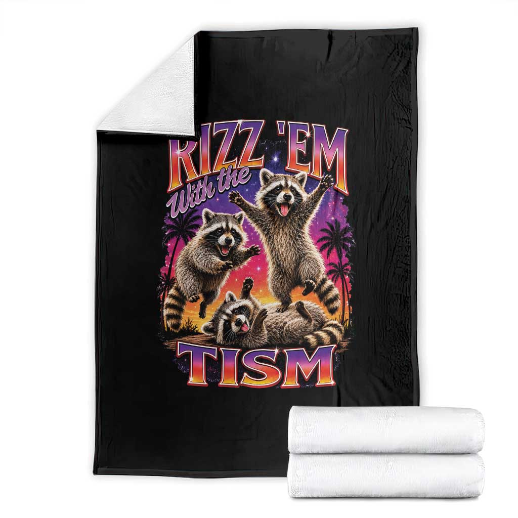 Rizz Em With The Tism Funny Raccoon Throw Blanket Trash Panda Vintage Bootleg Graphic