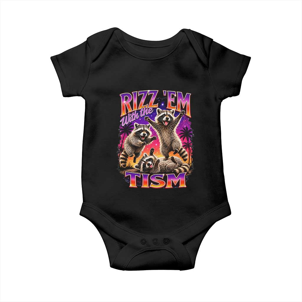 Rizz Em With The Tism Funny Raccoon Baby Onesie Trash Panda Vintage Bootleg Graphic