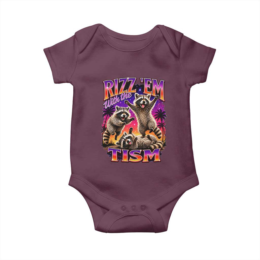 Rizz Em With The Tism Funny Raccoon Baby Onesie Trash Panda Vintage Bootleg Graphic