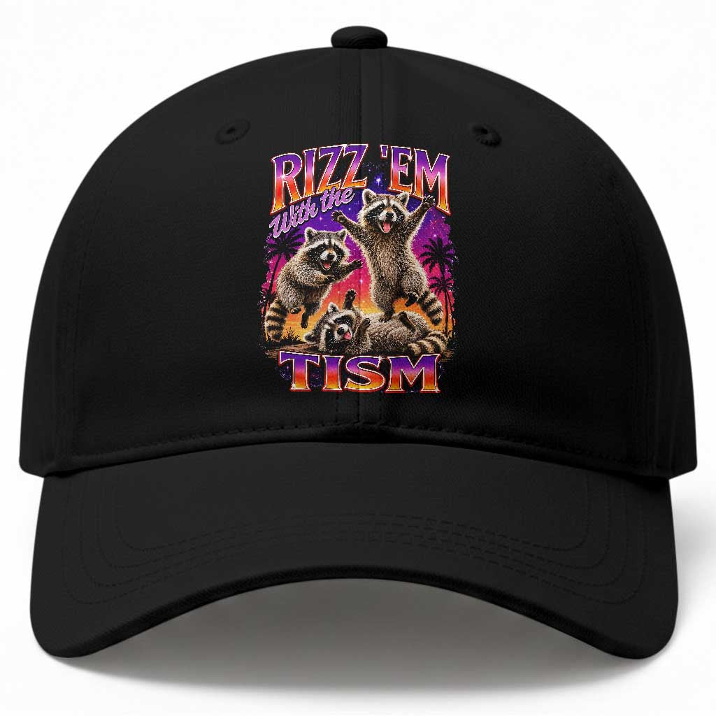 Rizz Em With The Tism Funny Raccoon Baseball Cap Trash Panda Vintage Bootleg Graphic
