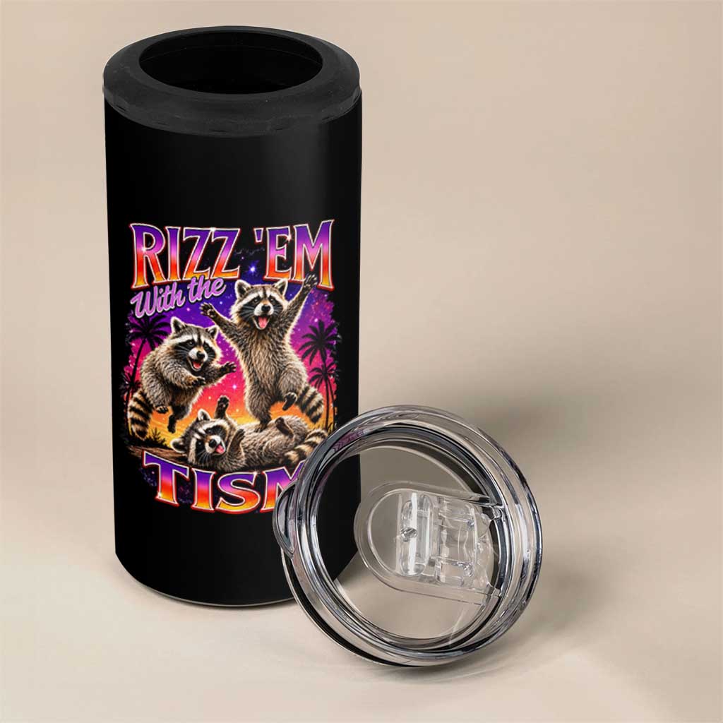 Rizz Em With The Tism Funny Raccoon 4 in 1 Can Cooler Tumbler Trash Panda Vintage Bootleg Graphic