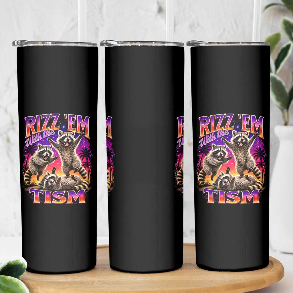 Rizz Em With The Tism Funny Raccoon Skinny Tumbler Trash Panda Vintage Bootleg Graphic