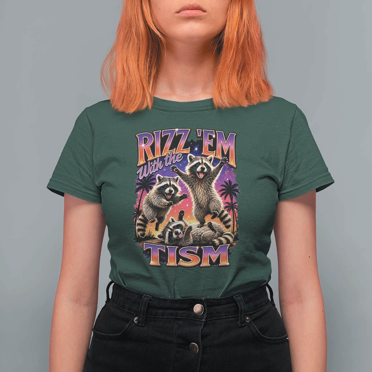 Rizz Em With The Tism Funny Raccoon T Shirt For Women Trash Panda Vintage Bootleg Graphic