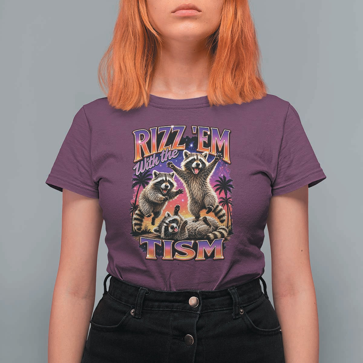 Rizz Em With The Tism Funny Raccoon T Shirt For Women Trash Panda Vintage Bootleg Graphic