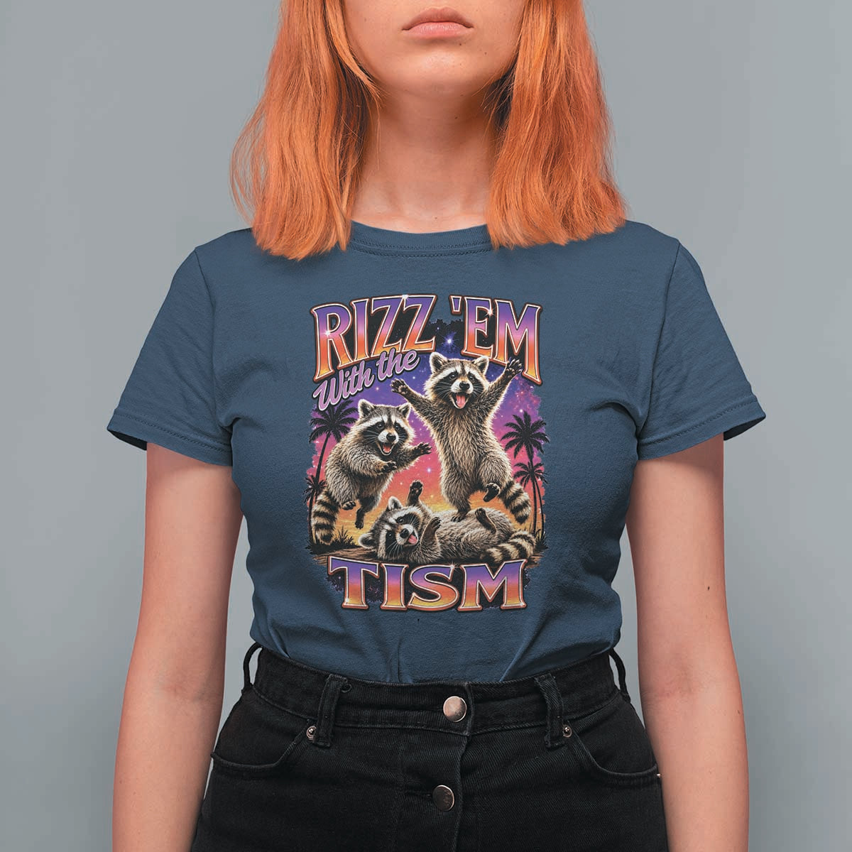 Rizz Em With The Tism Funny Raccoon T Shirt For Women Trash Panda Vintage Bootleg Graphic