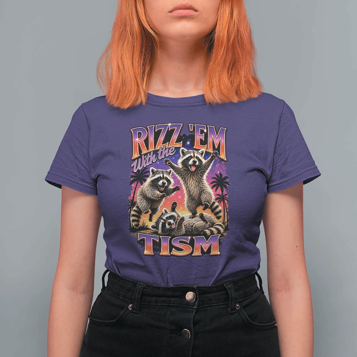 Rizz Em With The Tism Funny Raccoon T Shirt For Women Trash Panda Vintage Bootleg Graphic